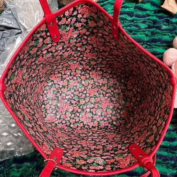 Coach Reversible Red and Pink Floral Tote Bag with wristlet. - Picture 14 of 16